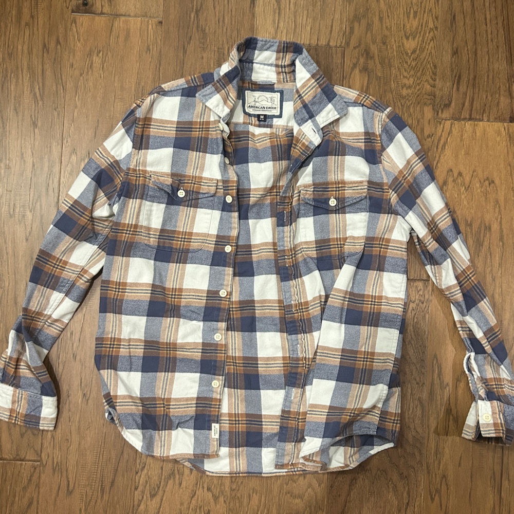 American Eagle Outfitters Blue and Brown Plaid Shirt